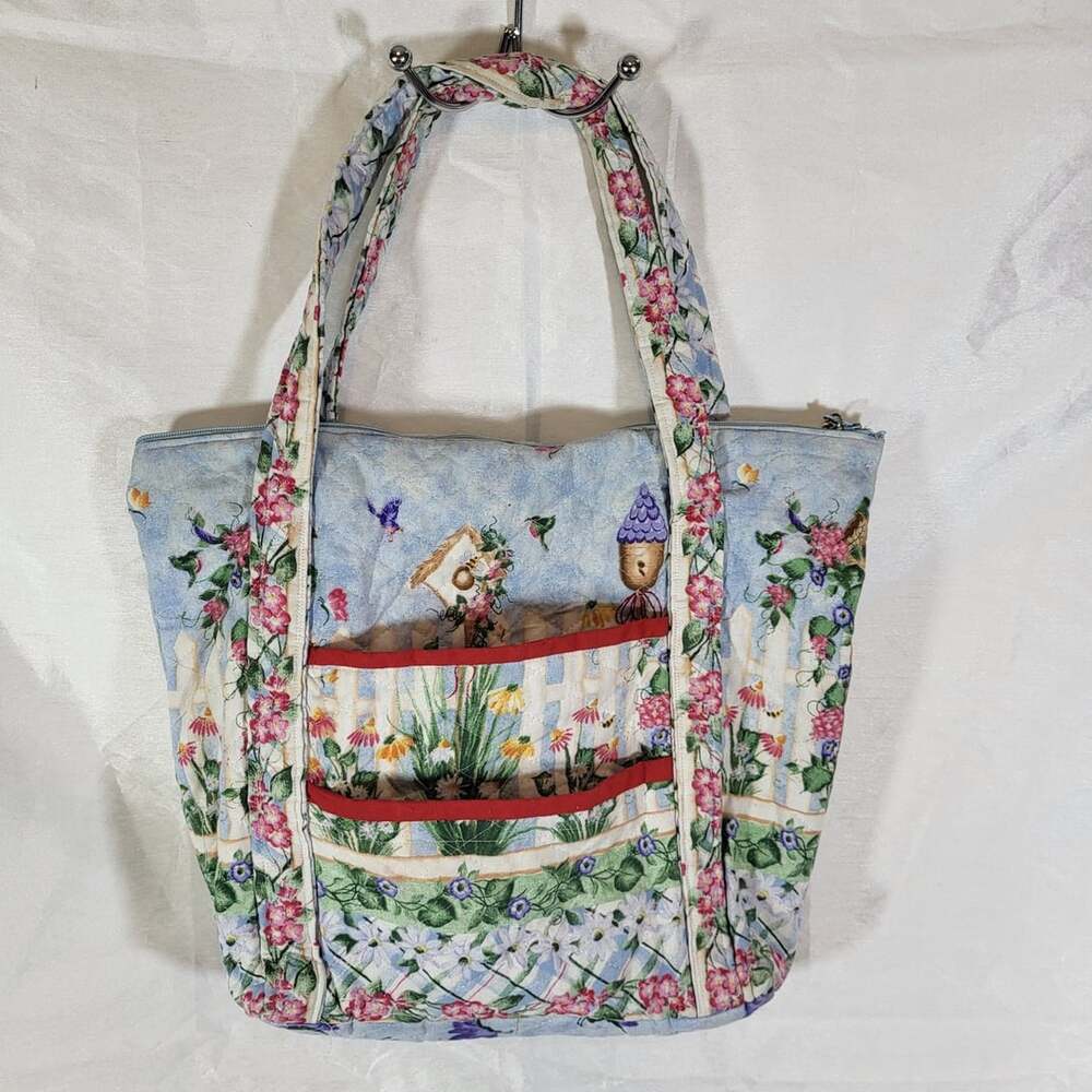 Andover Fabrics Quilted Floral Tote Bag Blue Garden Birdhouse